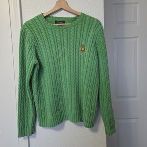 Ralph Lauren Cable Knit Sweater Green Cotton Embroider Crest Pullover